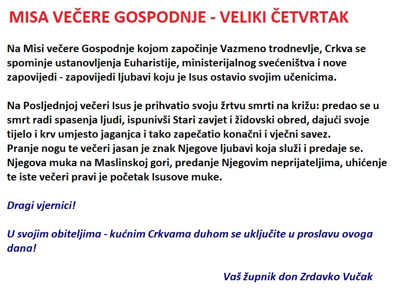 Poruka župnika don Zdravka za Veliki četvrtak